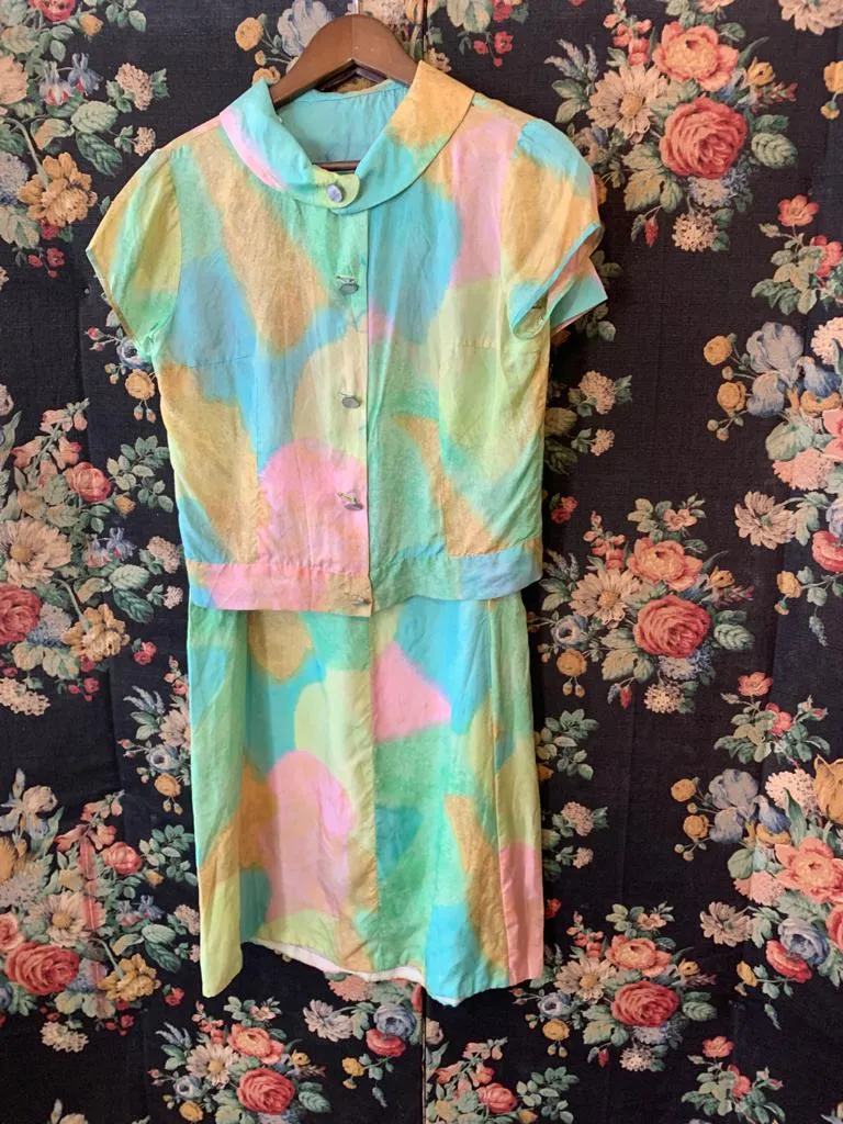 1960s Rainbow Pastel Matching Dress and Jacket Set