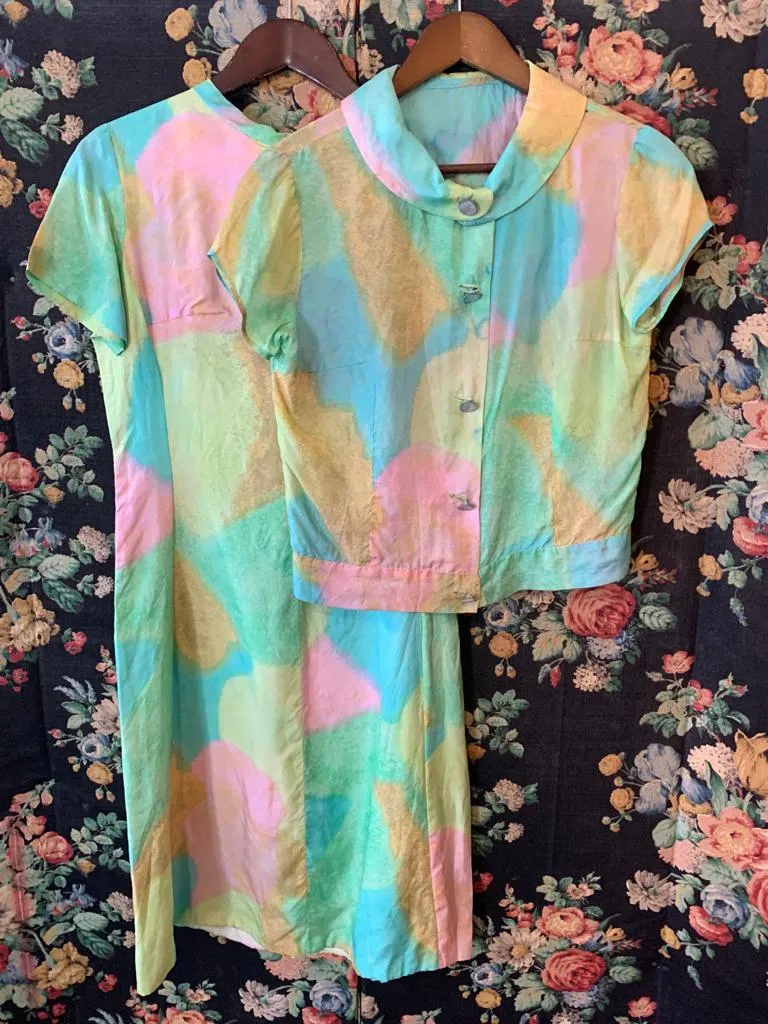1960s Rainbow Pastel Matching Dress and Jacket Set