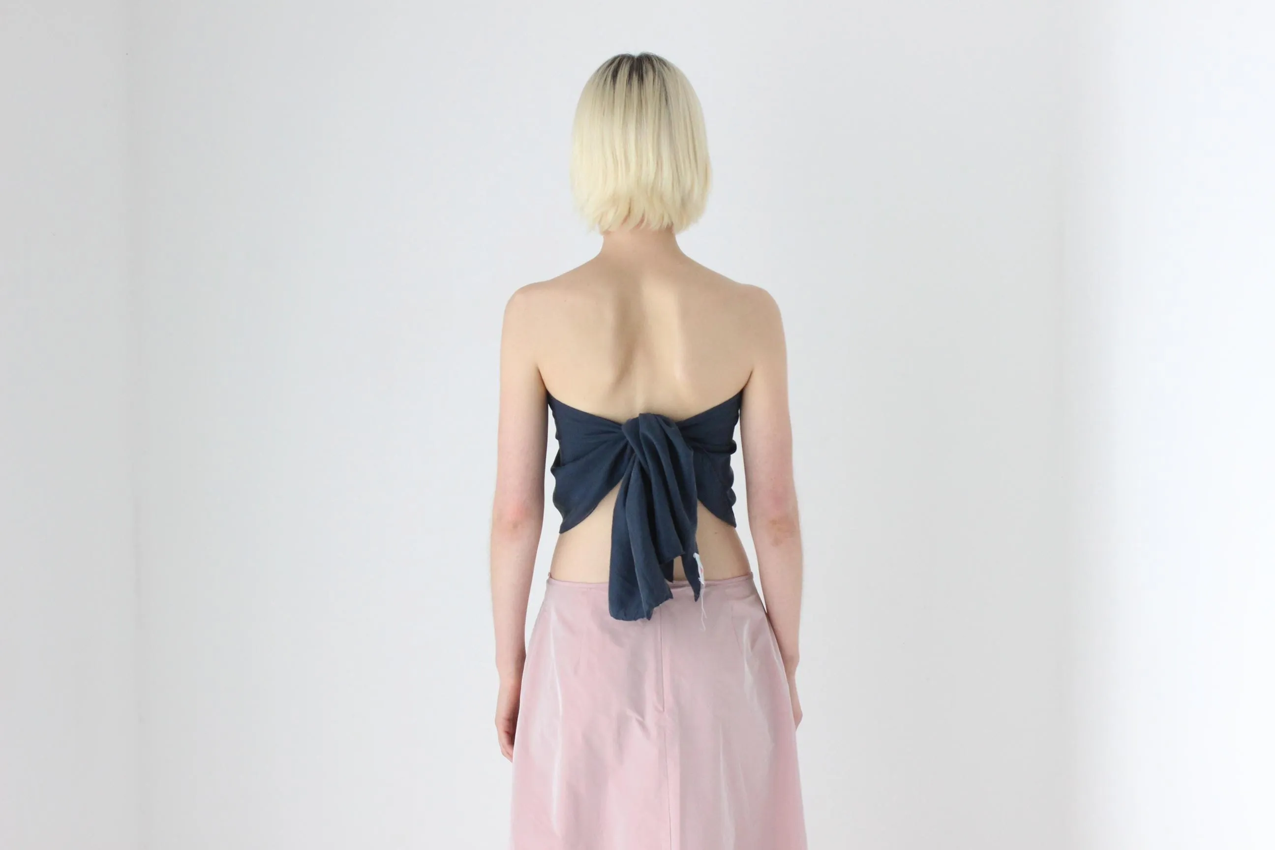90s Navy Silk Long Runner Scarf Bandeau / Tie Up Top