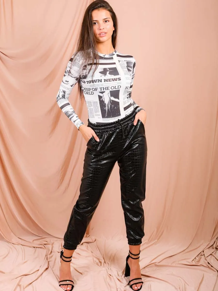 Ada Newspaper Print Bodysuit In White