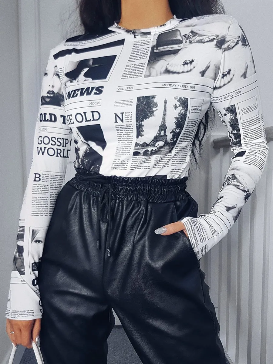 Ada Newspaper Print Bodysuit In White
