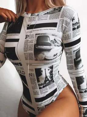 Ada Newspaper Print Bodysuit In White
