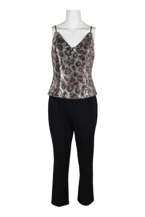 Adrianna Papell Elegant V-Neck Sequin Mesh Jumpsuit with Chic Zipper Back