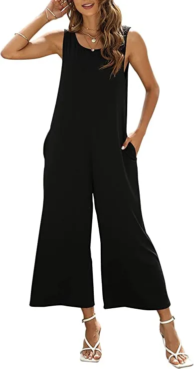 Army Green Women's Summer Casual Loose Tank Jumpsuit Sleeveless Crewneck Jumpsuit Romper with Pockets - Nfsion