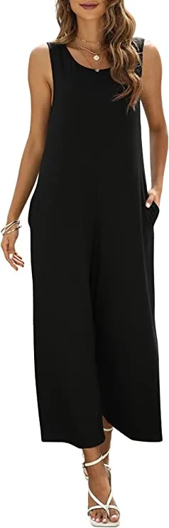 Army Green Women's Summer Casual Loose Tank Jumpsuit Sleeveless Crewneck Jumpsuit Romper with Pockets - Nfsion