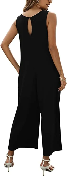 Army Green Women's Summer Casual Loose Tank Jumpsuit Sleeveless Crewneck Jumpsuit Romper with Pockets - Nfsion