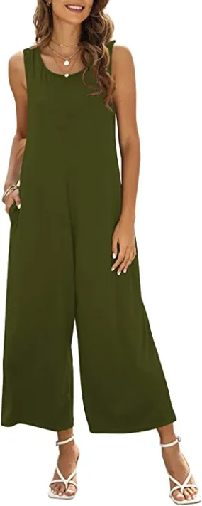 Army Green Women's Summer Casual Loose Tank Jumpsuit Sleeveless Crewneck Jumpsuit Romper with Pockets - Nfsion