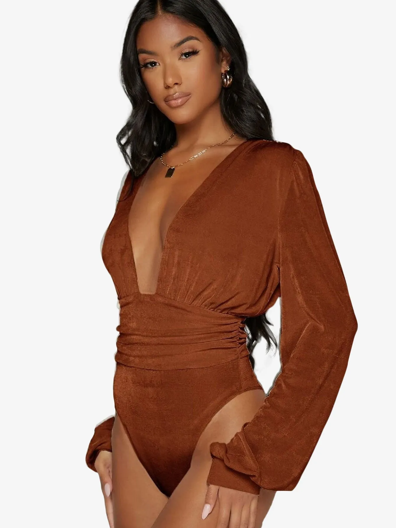 Arouse Plunging Neck Lantern Sleeve Bodysuit