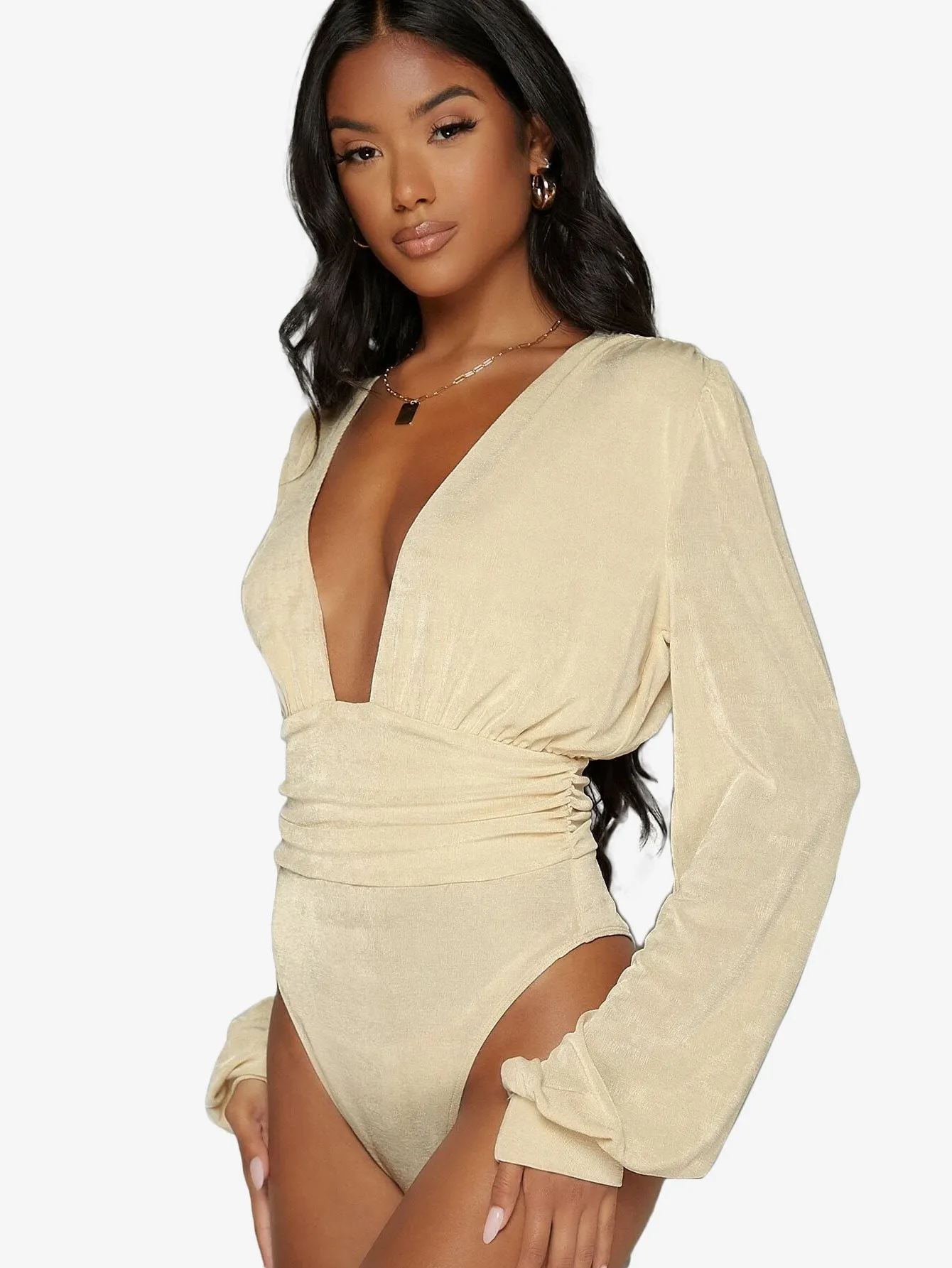 Arouse Plunging Neck Lantern Sleeve Bodysuit