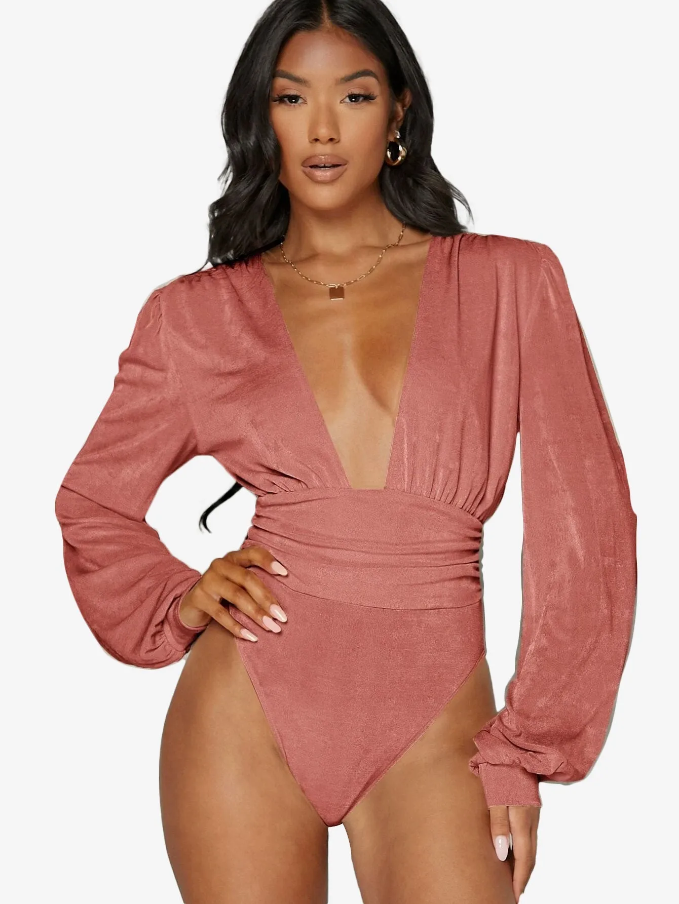 Arouse Plunging Neck Lantern Sleeve Bodysuit