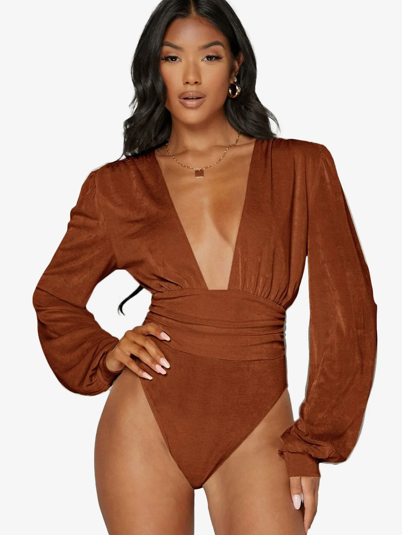 Arouse Plunging Neck Lantern Sleeve Bodysuit