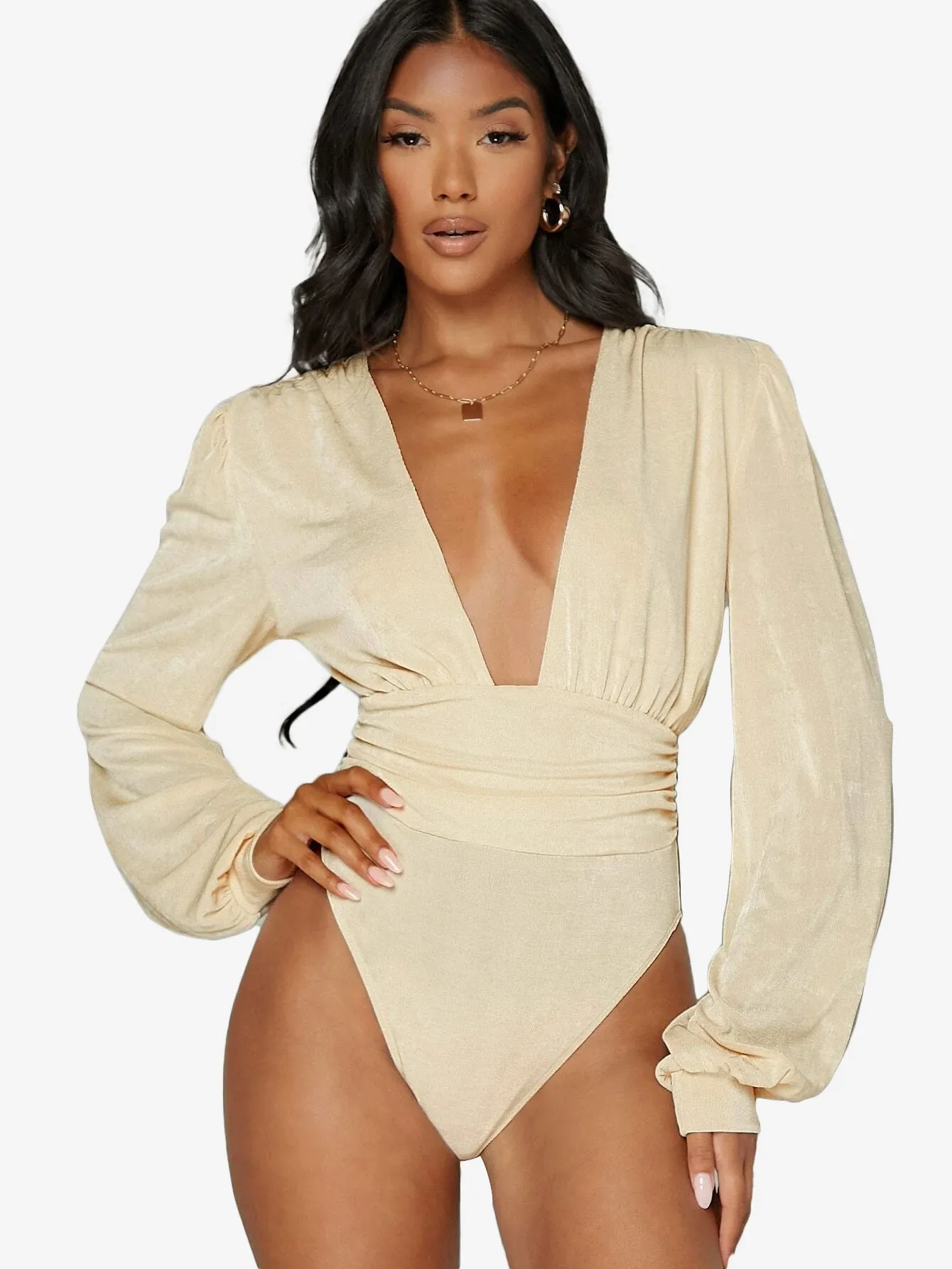 Arouse Plunging Neck Lantern Sleeve Bodysuit