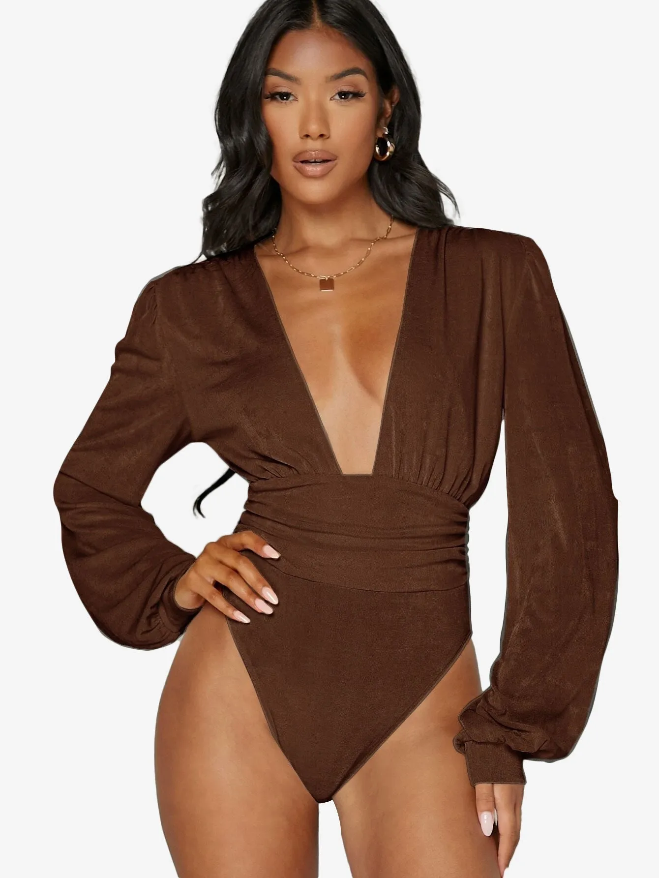 Arouse Plunging Neck Lantern Sleeve Bodysuit