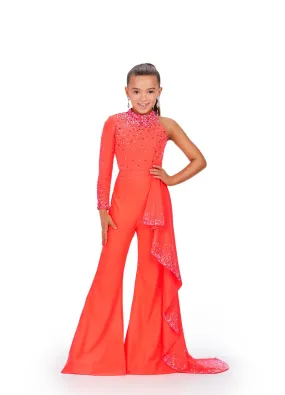 Ashley Lauren Kids 8253 Size 12 Neon Orange Girls Pageant Jumpsuit Ruffle Train Long Sleeve Pant Suit bell bottoms