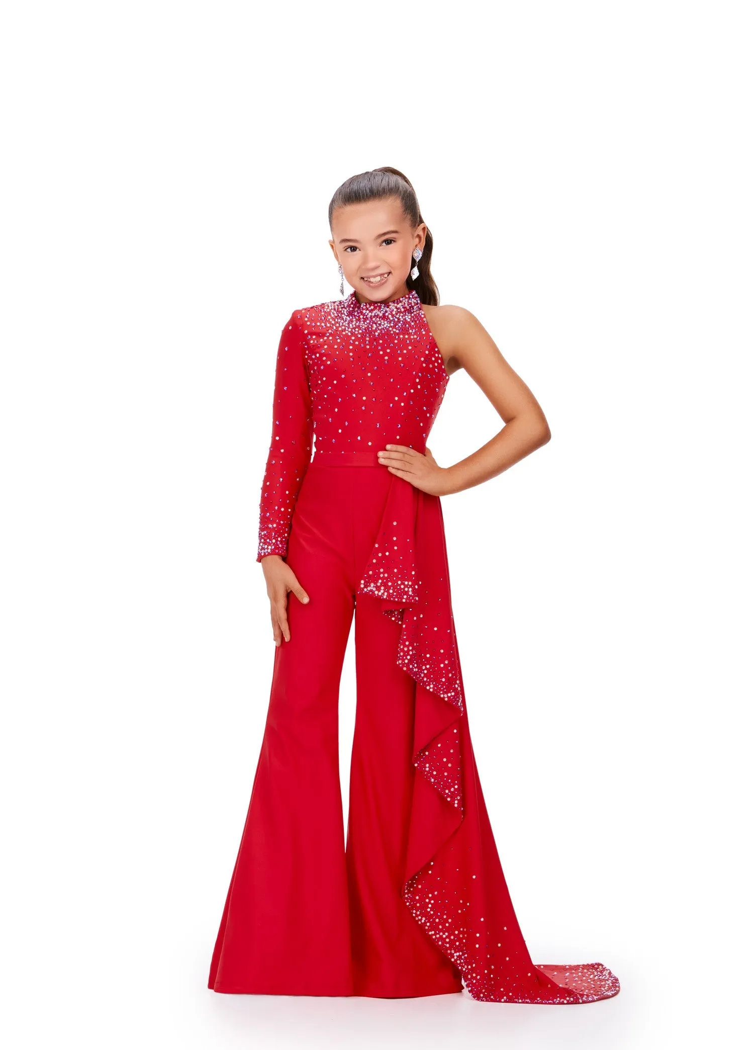 Ashley Lauren Kids 8253 Size 12 Neon Orange Girls Pageant Jumpsuit Ruffle Train Long Sleeve Pant Suit bell bottoms