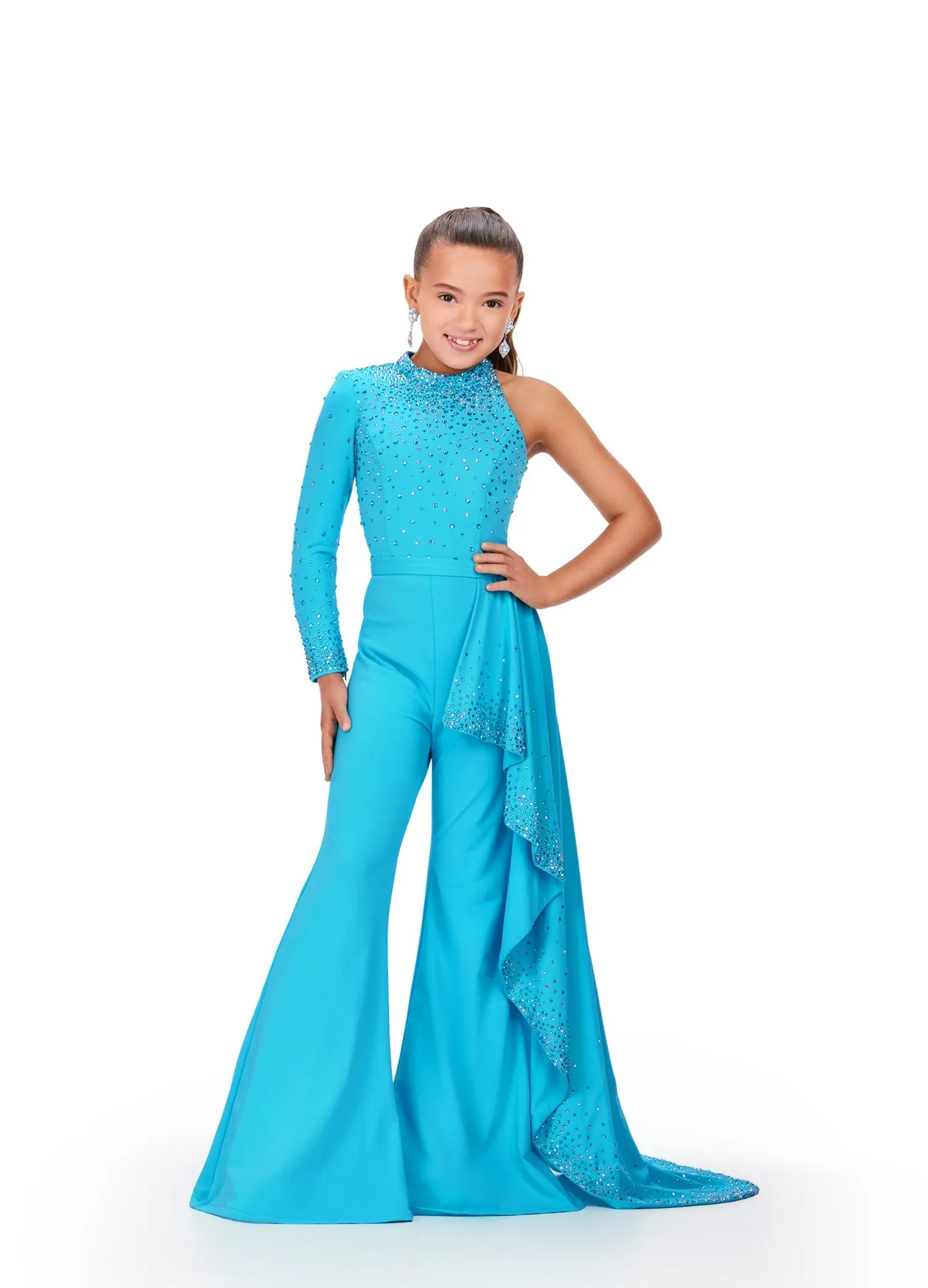 Ashley Lauren Kids 8253 Size 12 Neon Orange Girls Pageant Jumpsuit Ruffle Train Long Sleeve Pant Suit bell bottoms