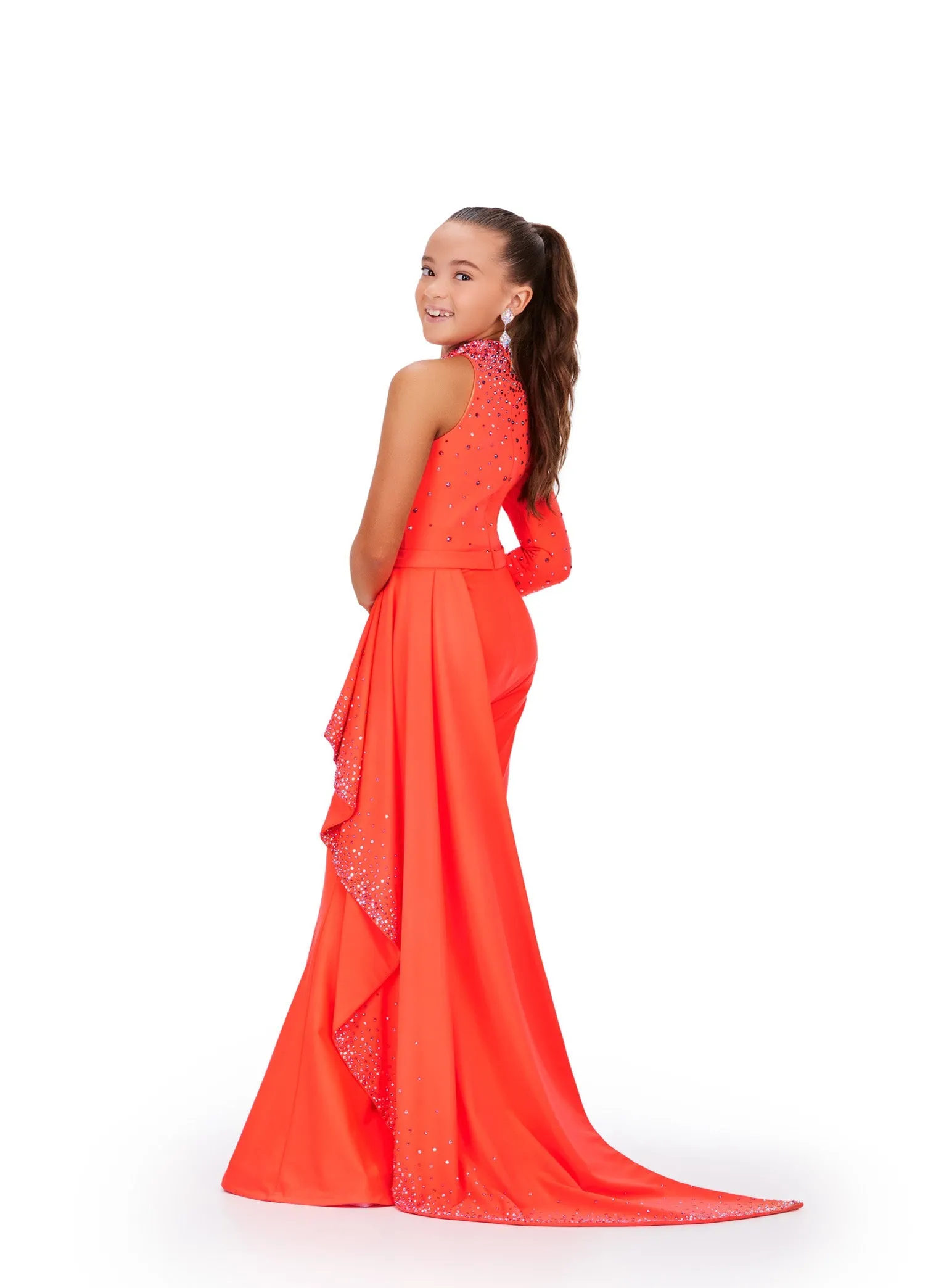 Ashley Lauren Kids 8253 Size 12 Neon Orange Girls Pageant Jumpsuit Ruffle Train Long Sleeve Pant Suit bell bottoms