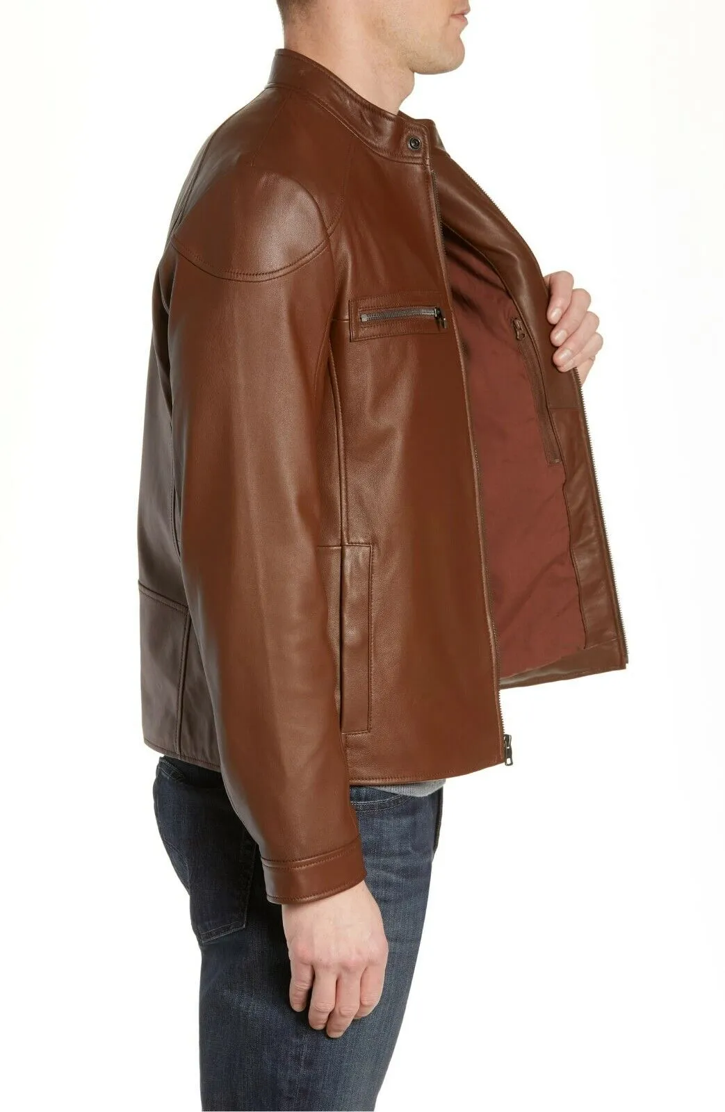 Austin Genuine Real Leather Jacket Men Brown Biker Motorcycle