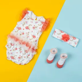 Baby Moo Garden Gift Set 3 Piece With Bodysuit, Socks And Headband - Pink, White