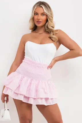 Baby Pink Rara Mini Skirt High Waisted Broderie Anglaise
