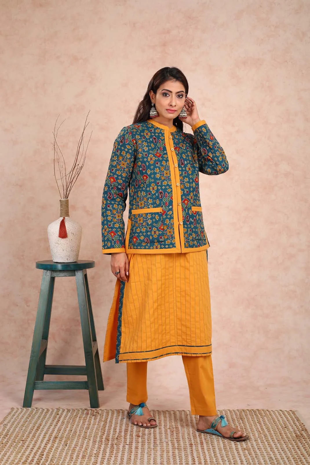 Baisah Printed Reversible Quilted Green Jacket (With Sleeves) UCJ0002F