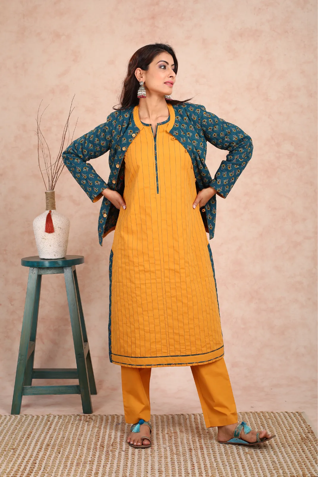 Baisah Printed Reversible Quilted Green Jacket (With Sleeves) UCJ0002F
