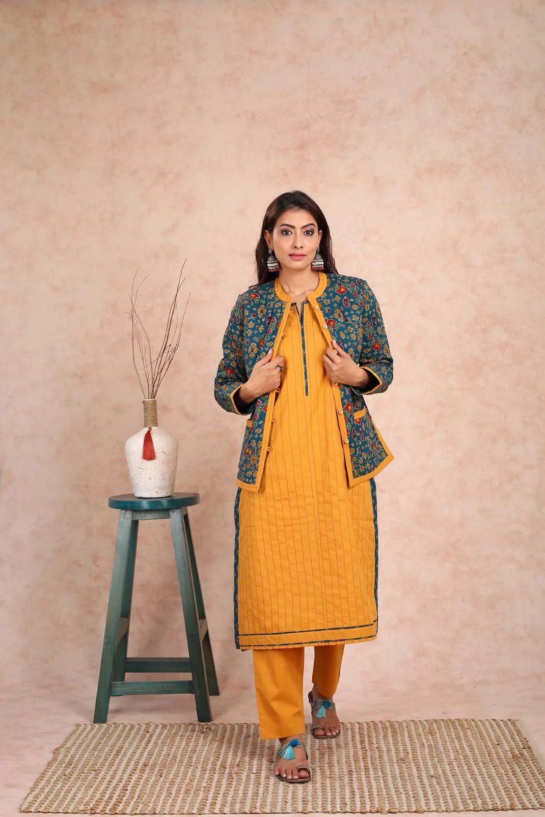 Baisah Printed Reversible Quilted Green Jacket (With Sleeves) UCJ0002F
