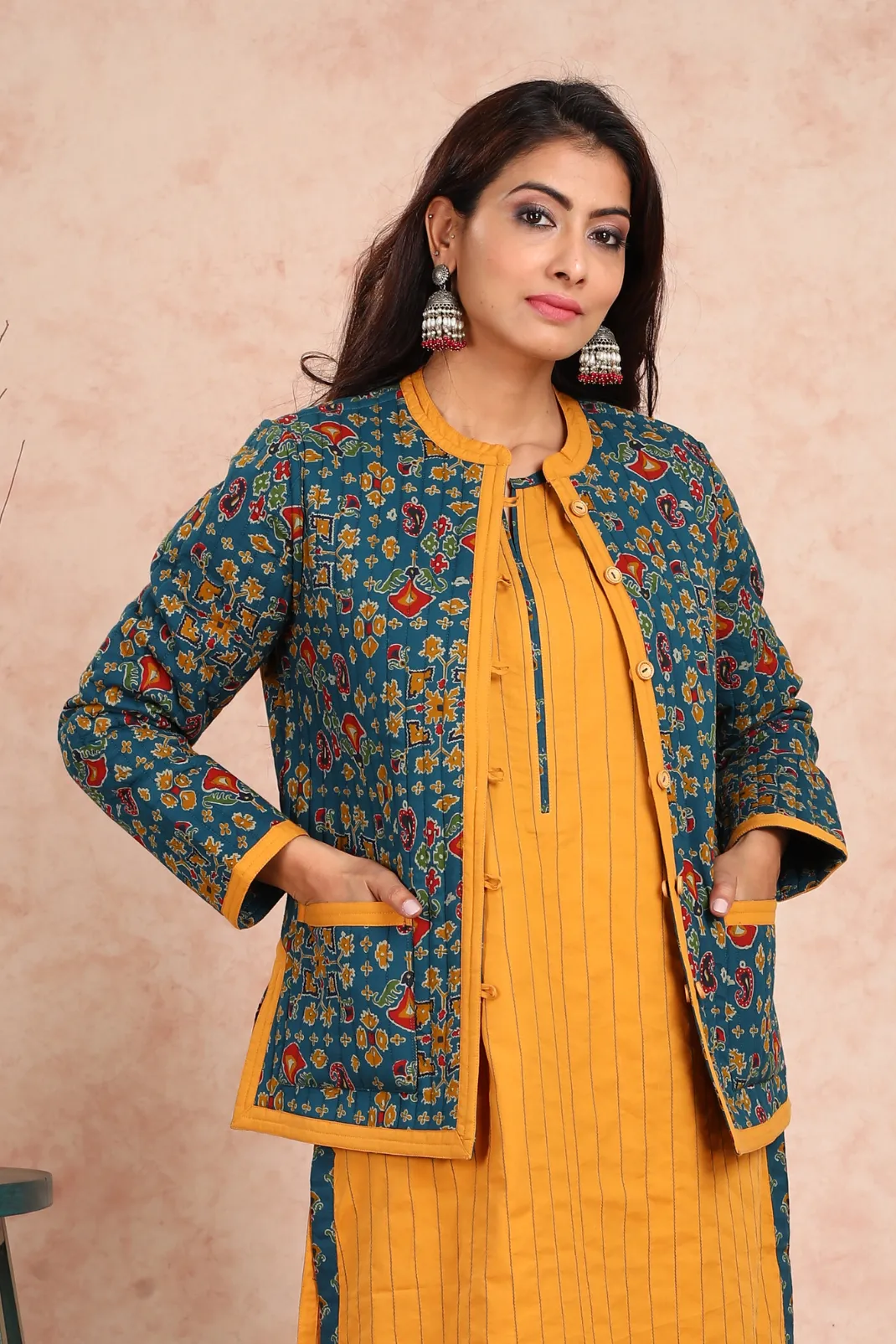 Baisah Printed Reversible Quilted Green Jacket (With Sleeves) UCJ0002F