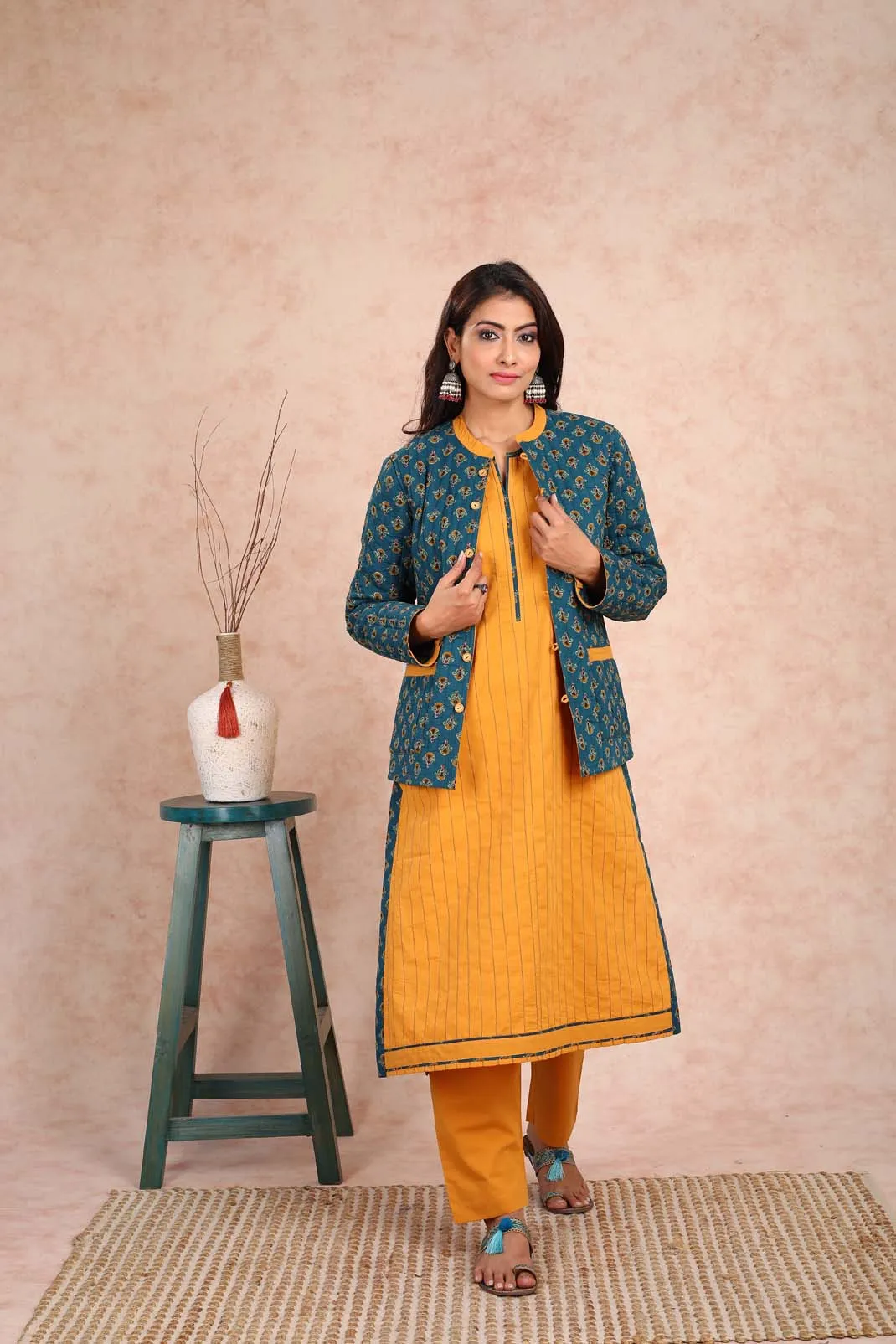 Baisah Printed Reversible Quilted Green Jacket (With Sleeves) UCJ0002F