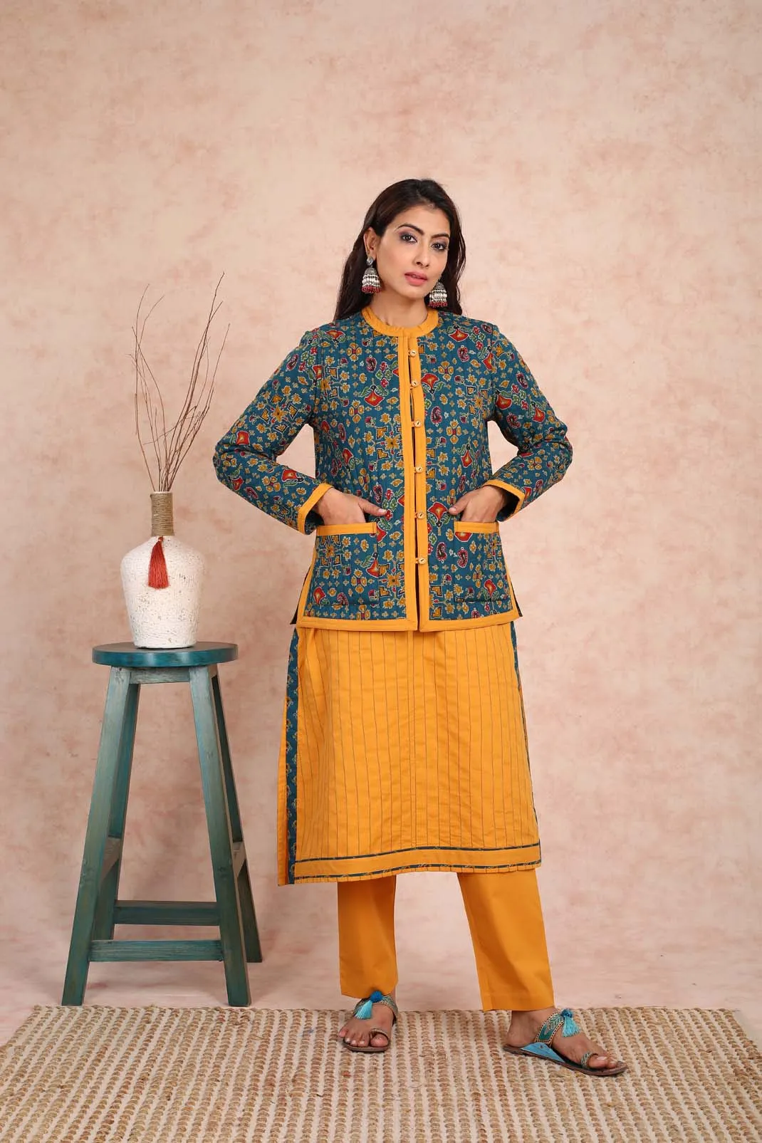 Baisah Printed Reversible Quilted Green Jacket (With Sleeves) UCJ0002F