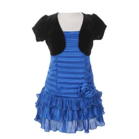 Big Girls Azure Black Pleated Tiered Velveteen Bolero 2 Pc Dress Outfit 8-14