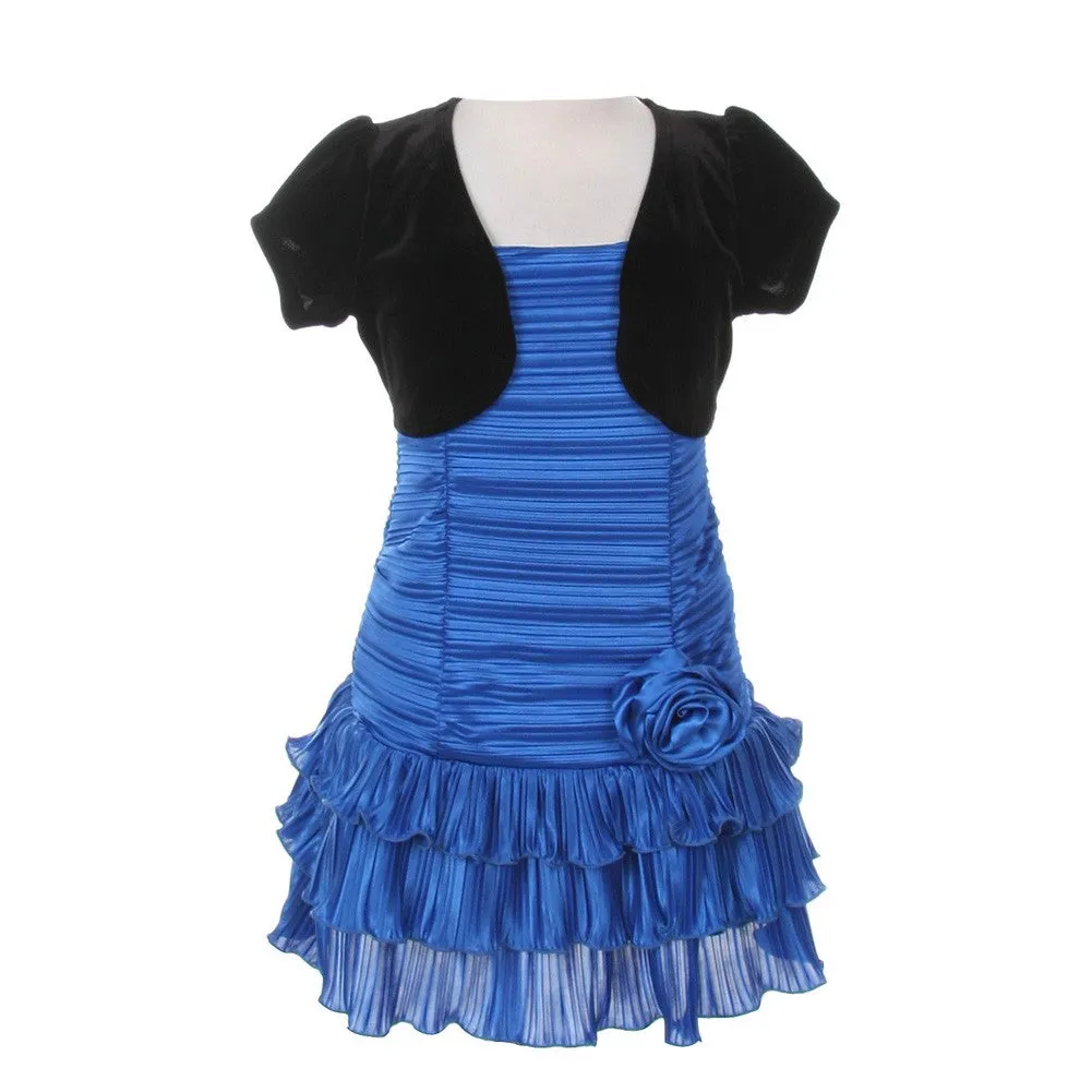 Big Girls Azure Black Pleated Tiered Velveteen Bolero 2 Pc Dress Outfit 8-14