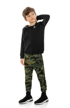 Black Hooded Zip Up & Camo Jogger Set