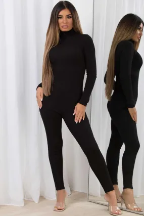Black Rib Zip Long Sleeve Jumpsuit