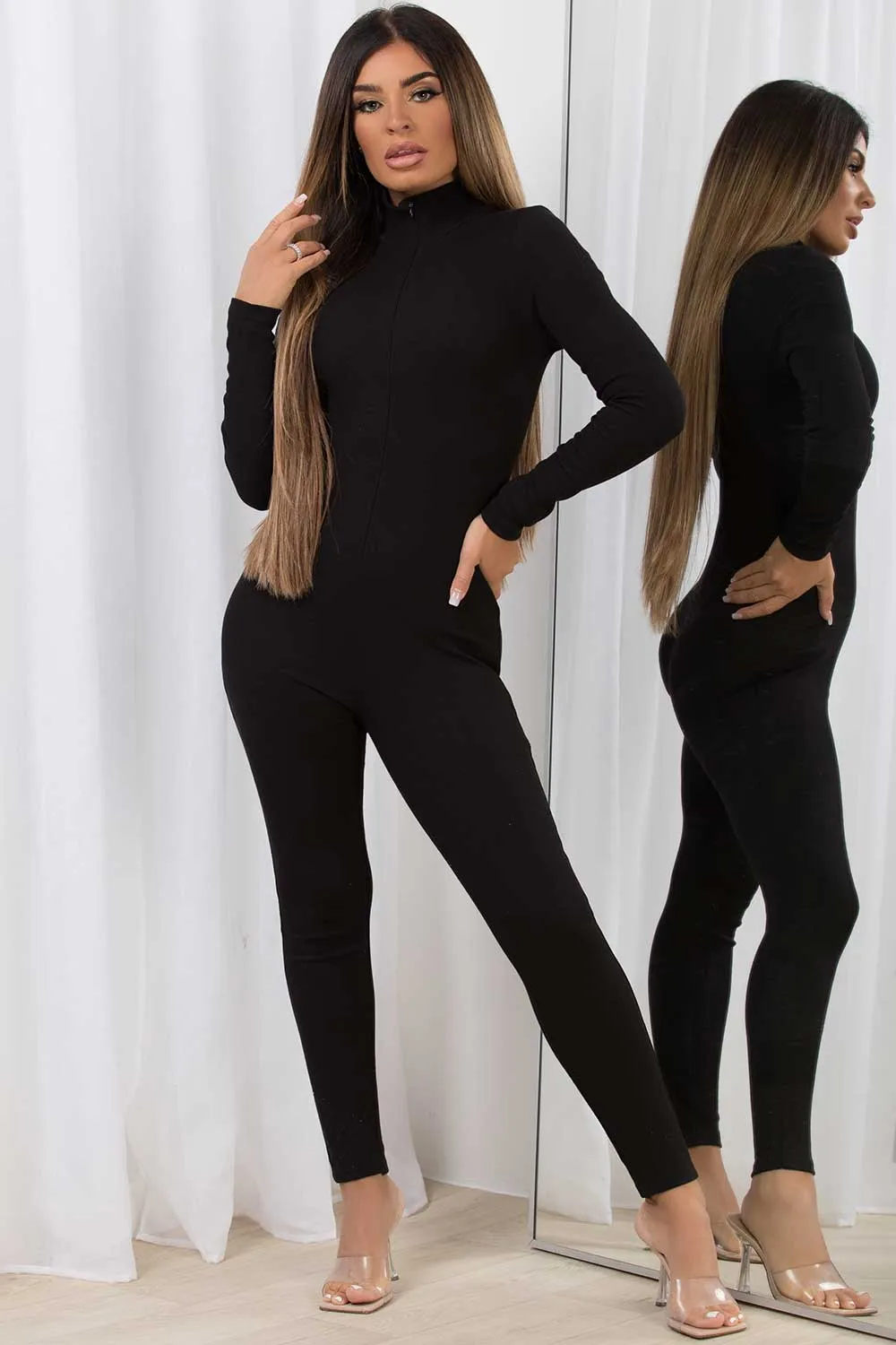 Black Rib Zip Long Sleeve Jumpsuit