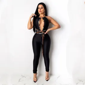 Black Sleeveless Halter Fleabag Bandage Skinny Jumpsuits