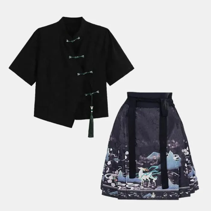 Black Vintage Buckle T-Shirt Pleated Mini Skirt