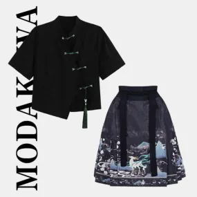 Black Vintage Buckle T-Shirt Pleated Mini Skirt