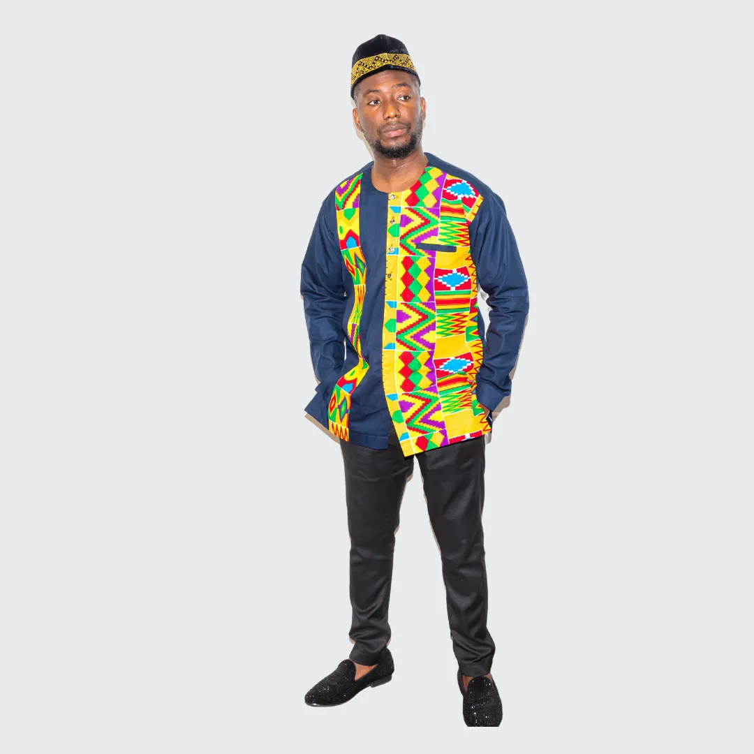 Blue Long Sleeve Button-Up Men Print Set