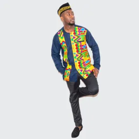 Blue Long Sleeve Button-Up Men Print Set