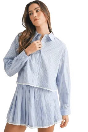Blue stripe pleated skirt set