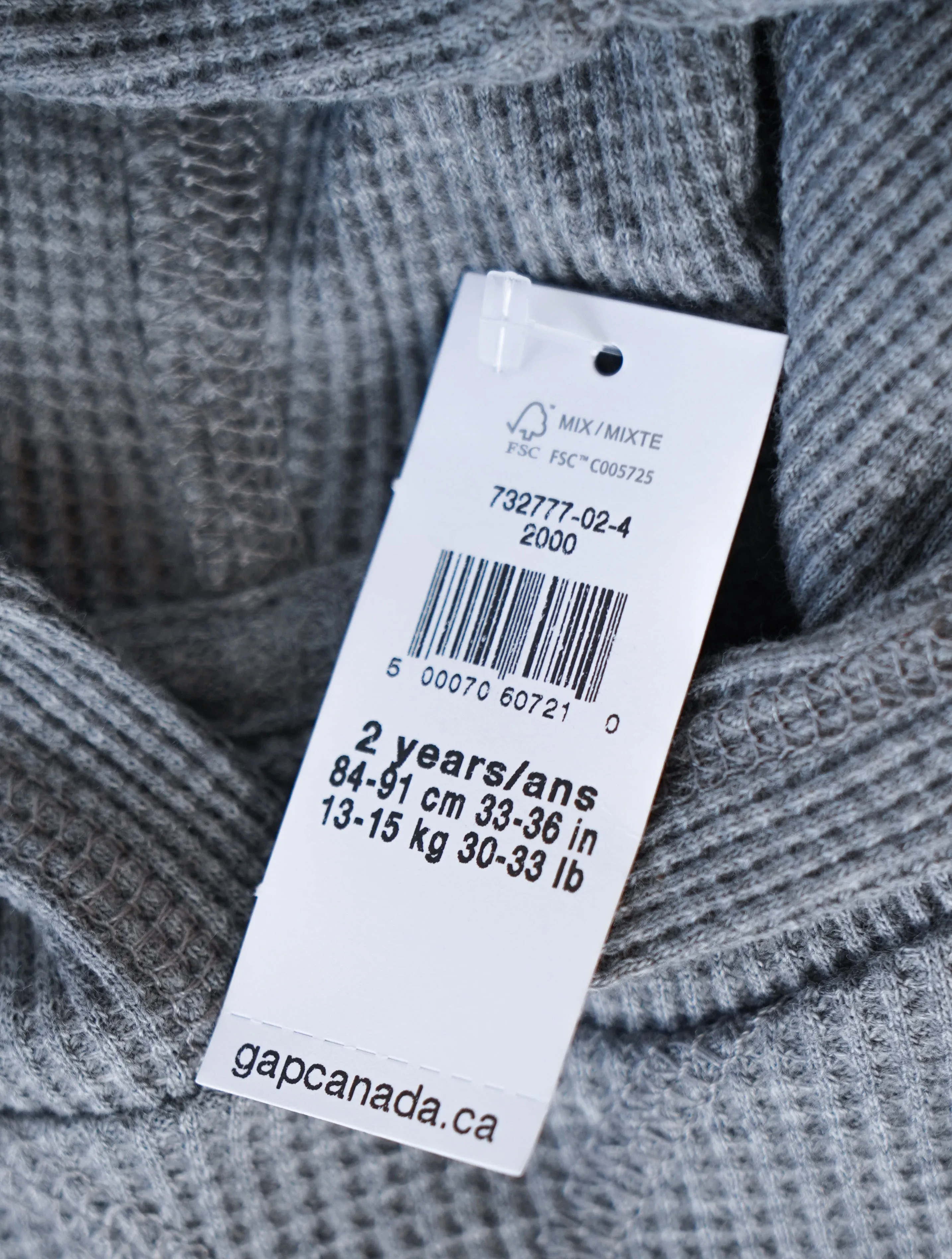 BOY SIZE 2 YEARS - Baby GAP, Waffle Knit Pullover Hoodie, Heather Grey NWT B3