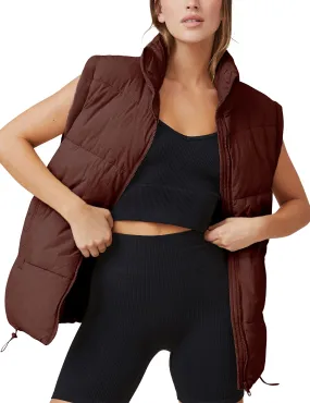 Brown Womens Zip Jacket Coat Up Puffer Vest Stand Collar - Athlisan