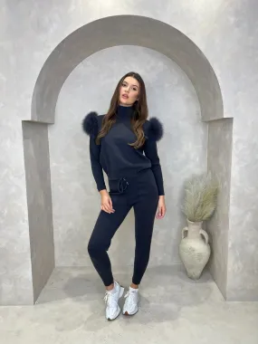 Charcoal Luxury Fur Roll Neck Jogger Tracksuit