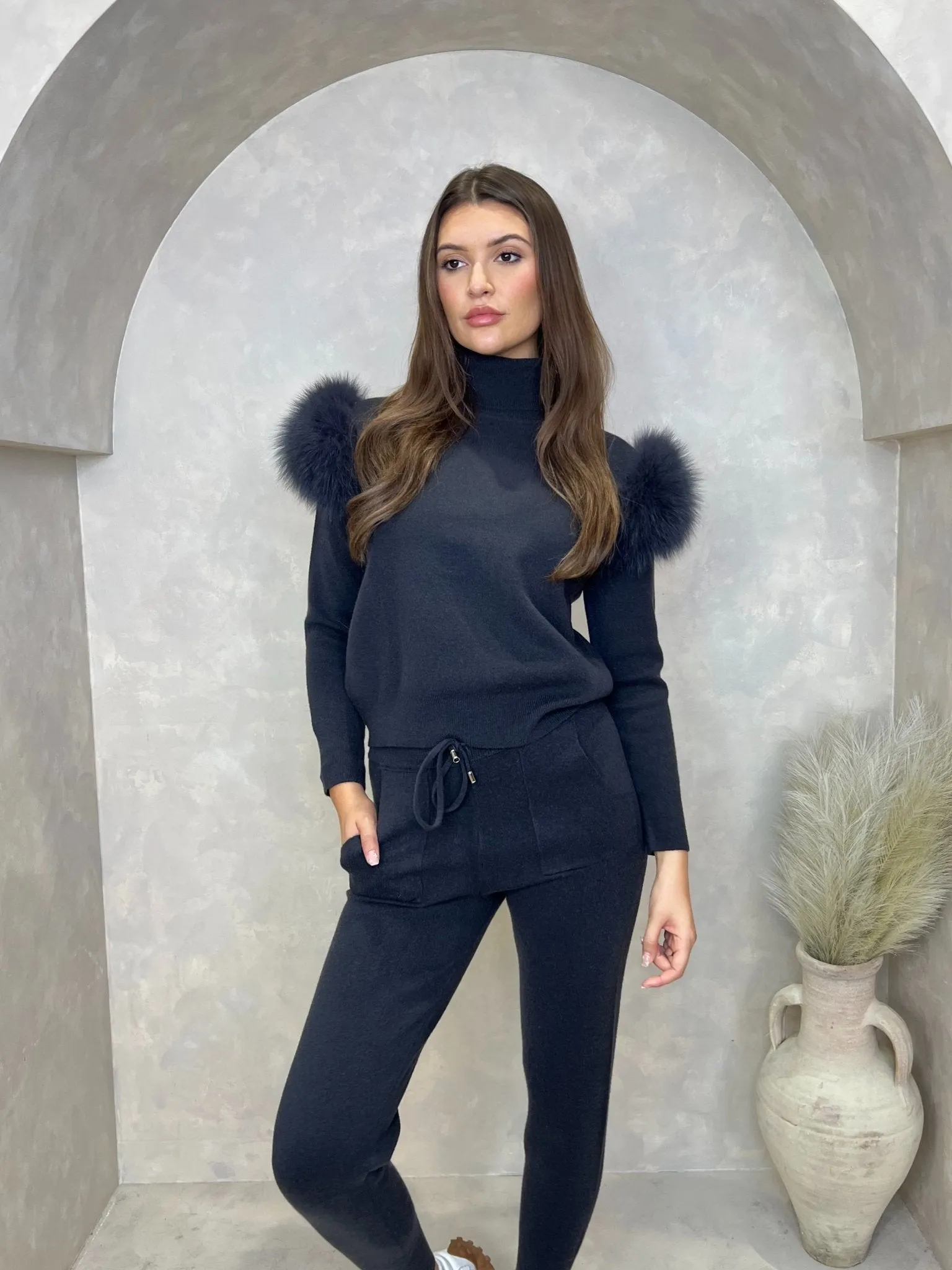 Charcoal Luxury Fur Roll Neck Jogger Tracksuit
