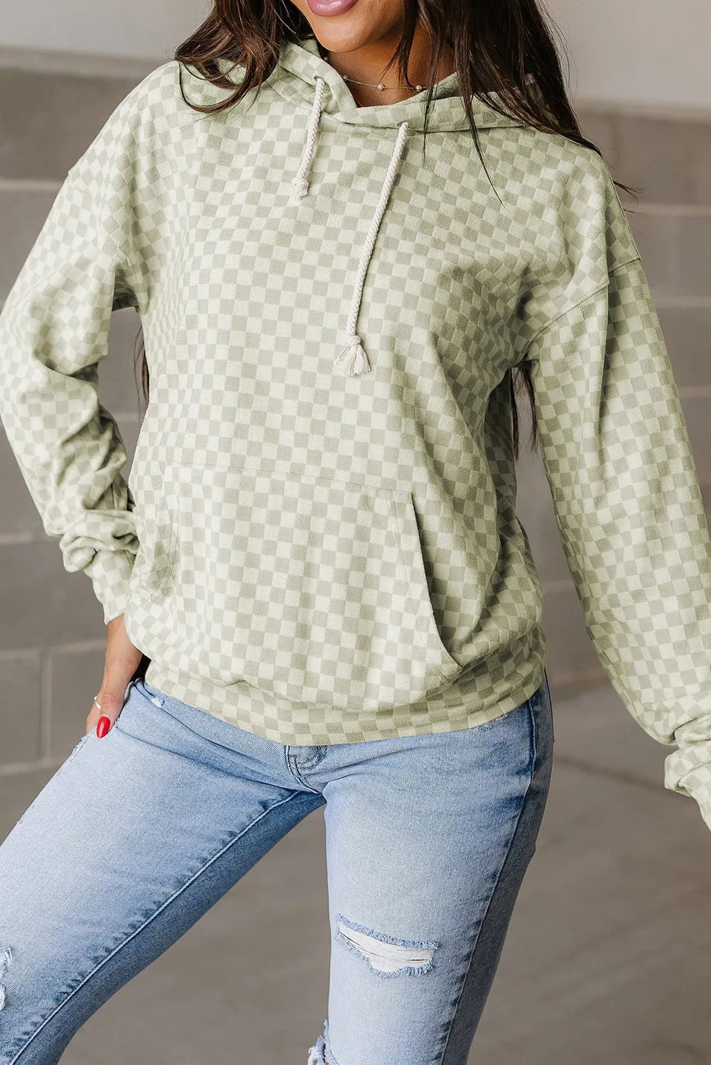Checkered Print Kangaroo Pocket Drawstring Hoodie
