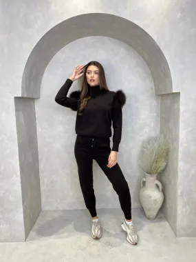 Chocolate Luxury Fur Roll Neck Jogger Tracksuit