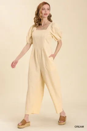 Cream Puff Sleeve Linen Jumpsuit