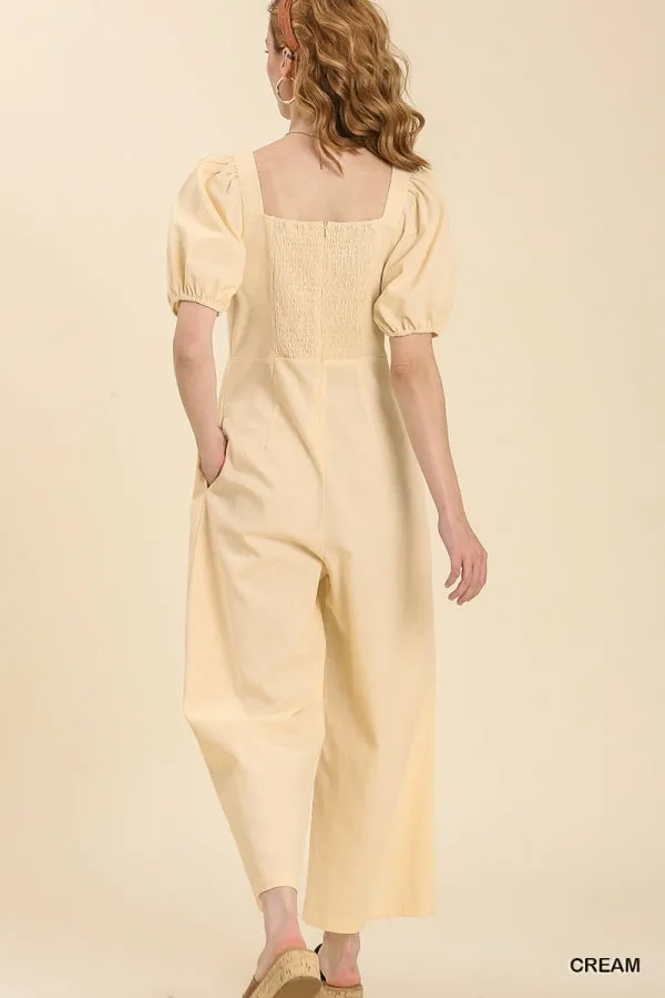 Cream Puff Sleeve Linen Jumpsuit