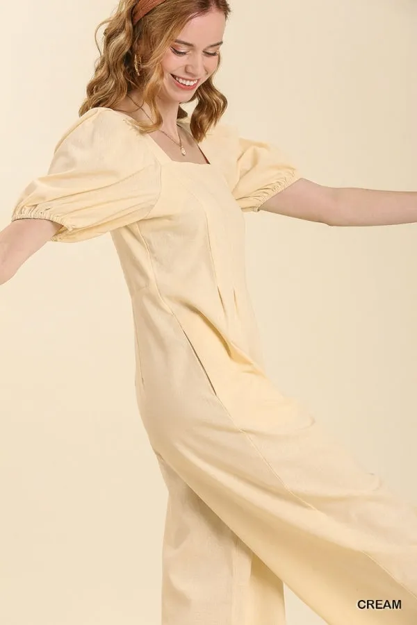 Cream Puff Sleeve Linen Jumpsuit